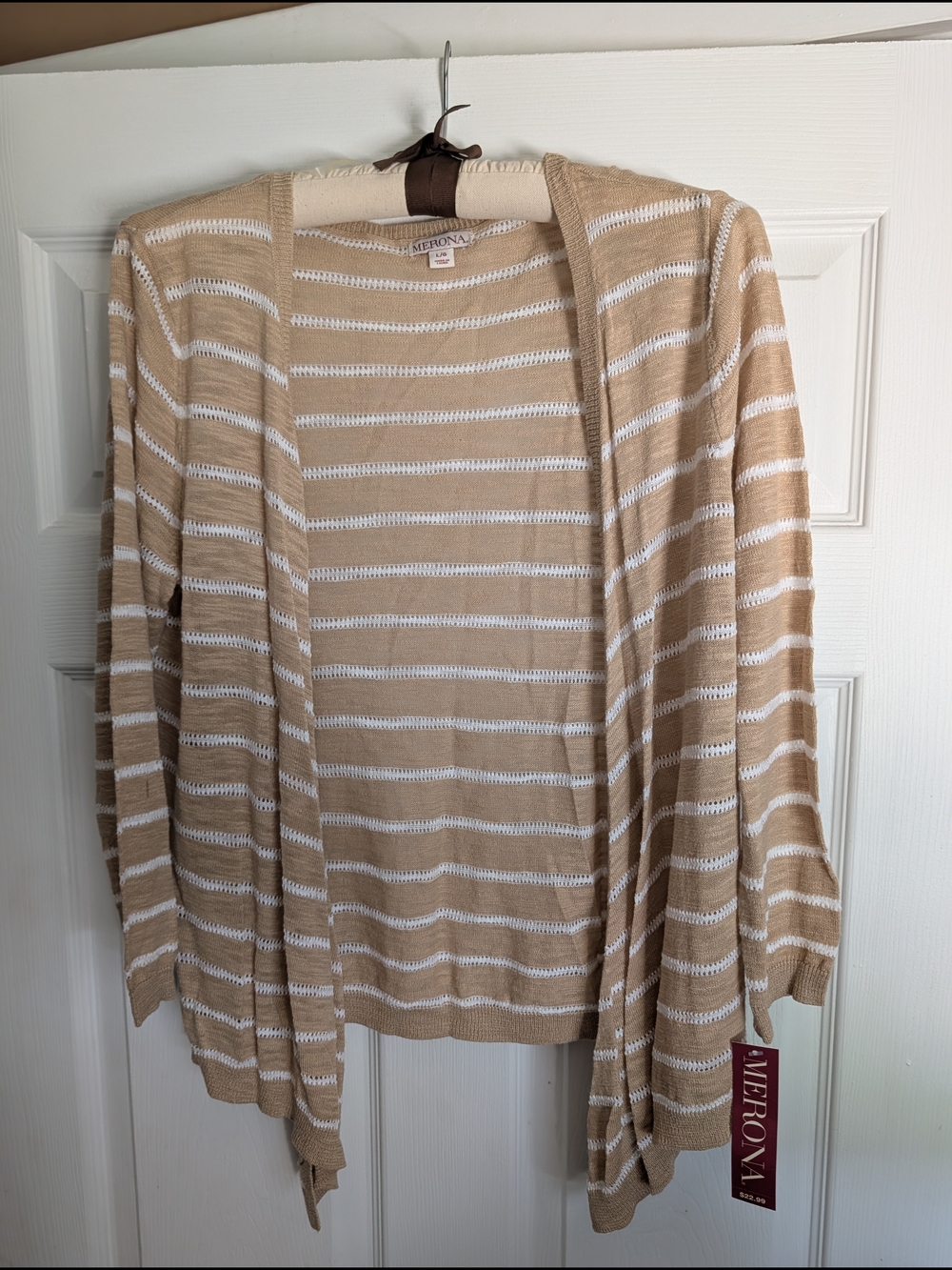 Merona Beige and White Striped Open-Front Cardigan